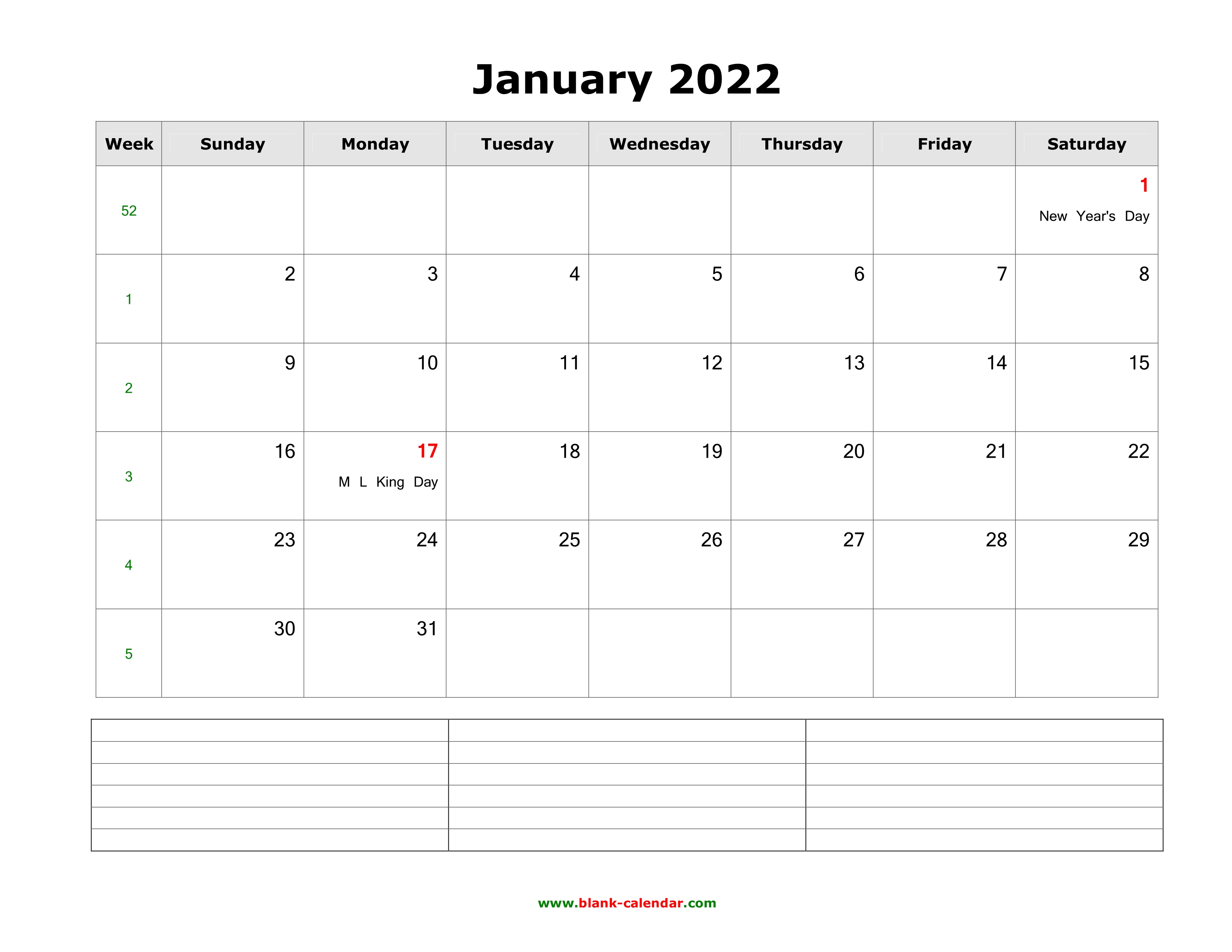 download january 2022 blank calendar with space for notes horizontal