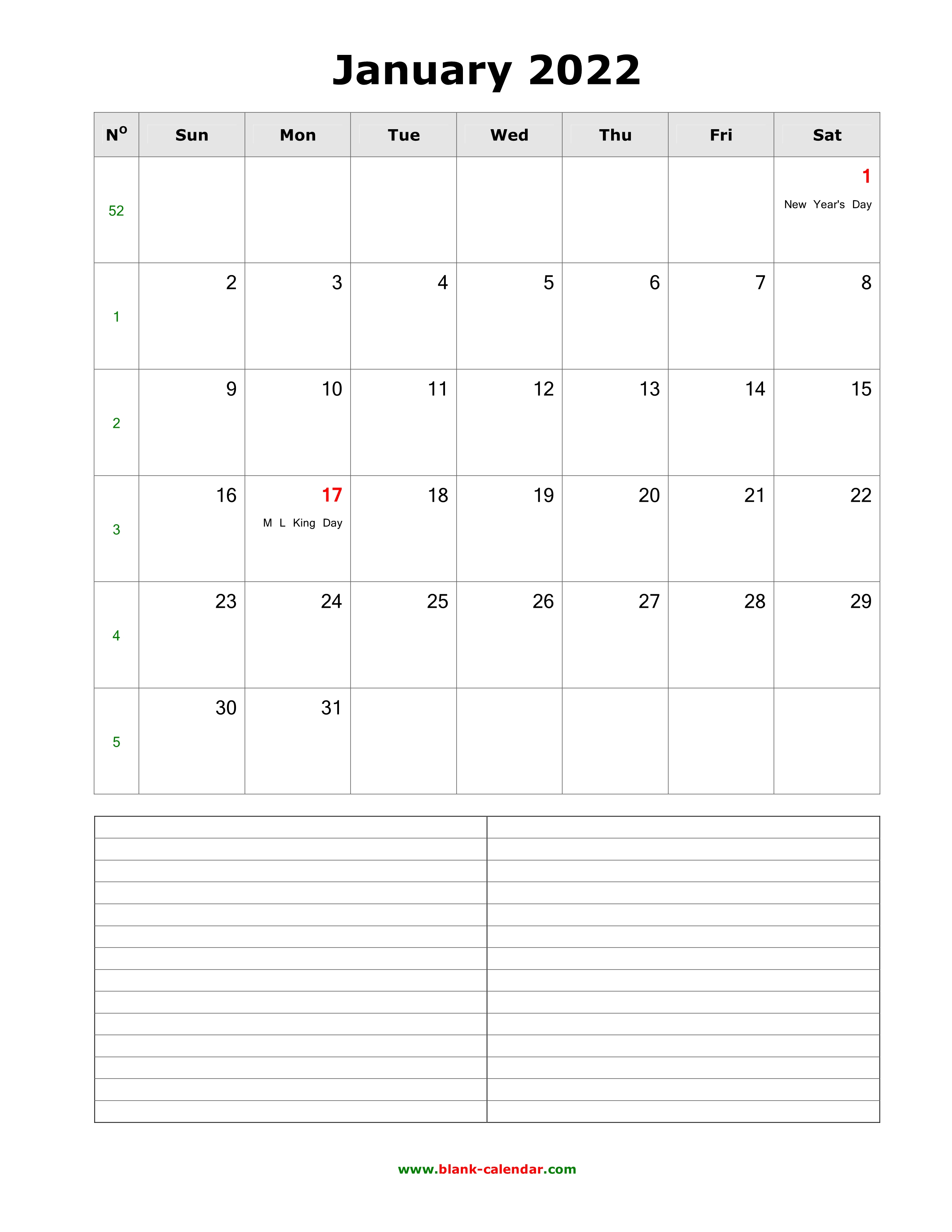 2022 Calendar With Notes Download January 2022 Blank Calendar With Space For Notes (Vertical)