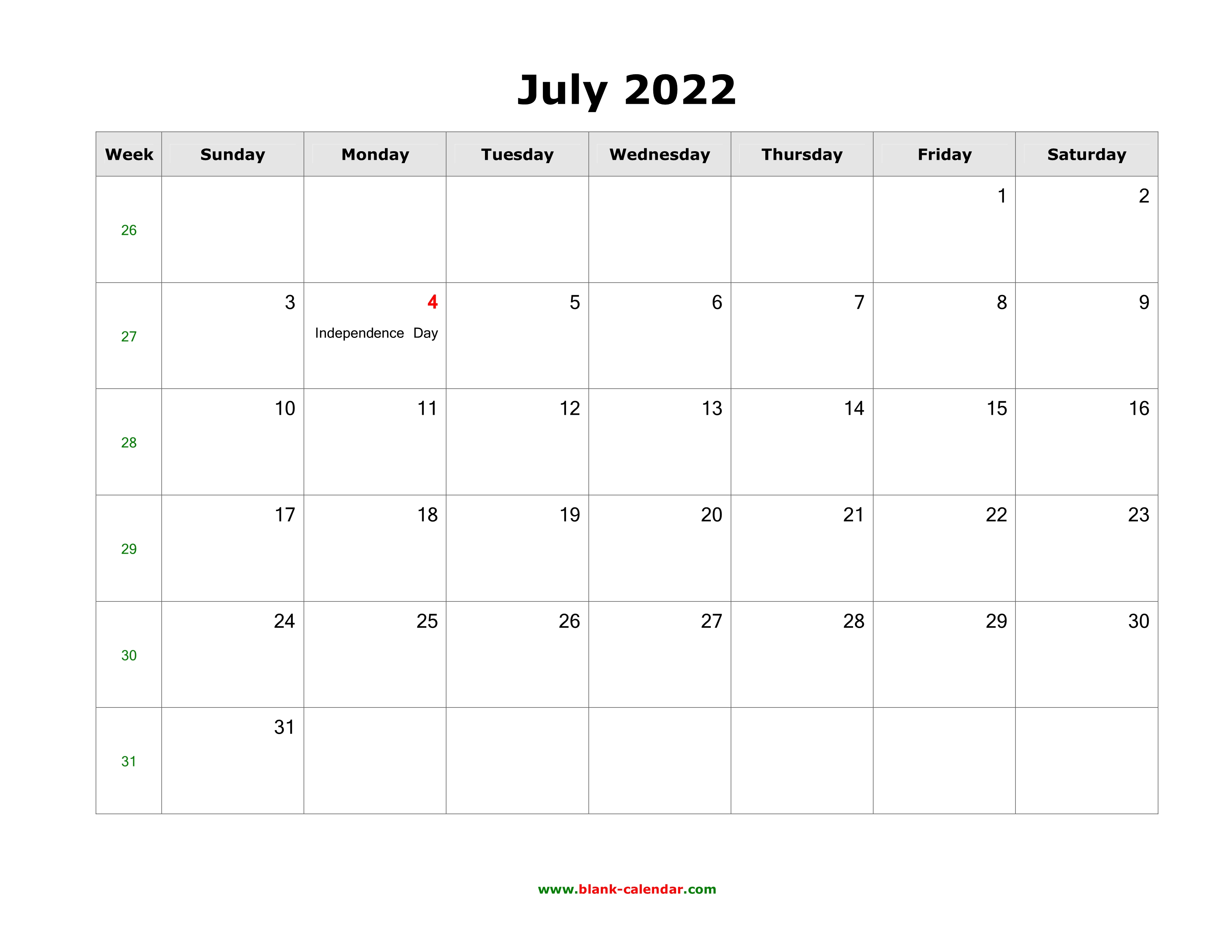 Download July 2022 Blank Calendar With US Holidays horizontal 