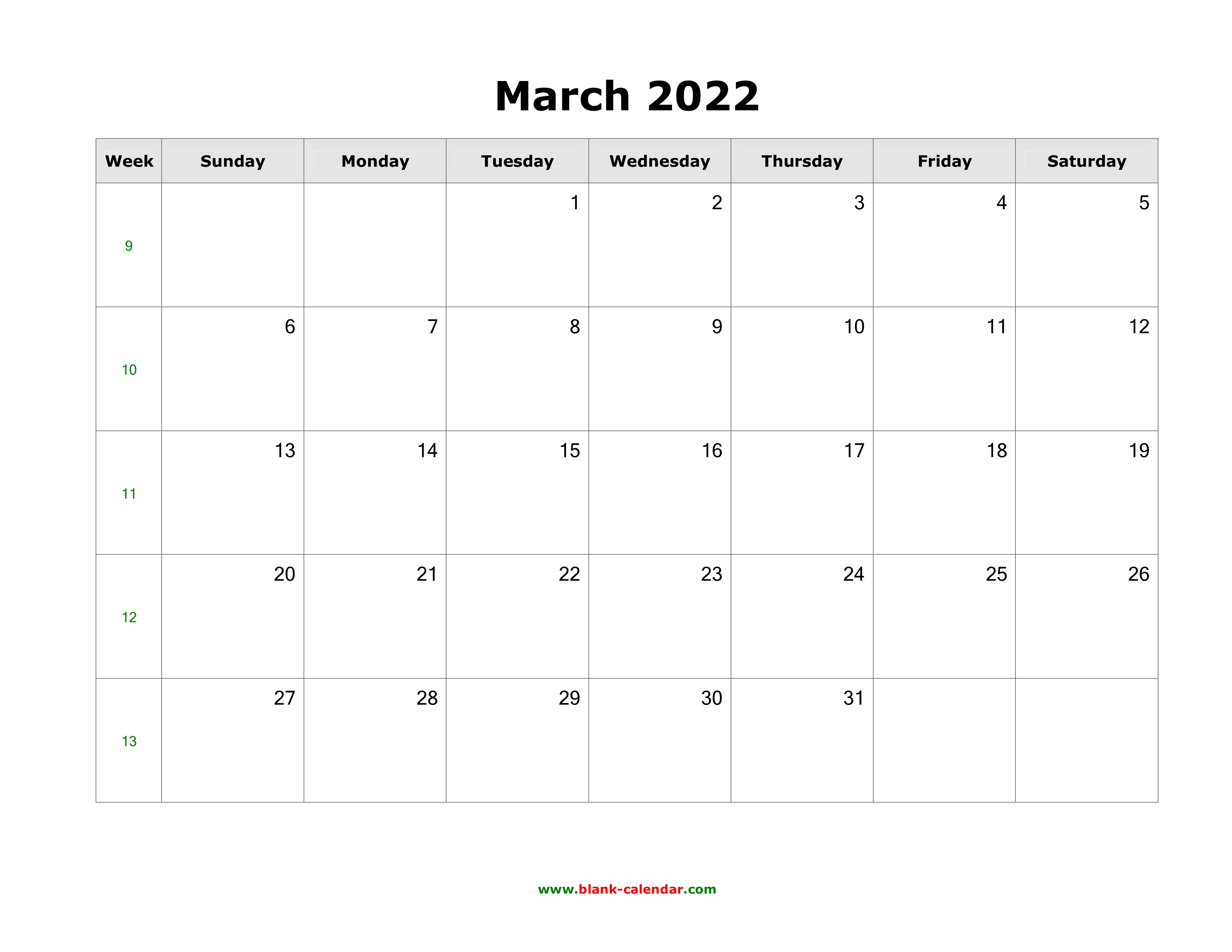 March 2022 Calendar Blank Download March 2022 Blank Calendar (Horizontal)
