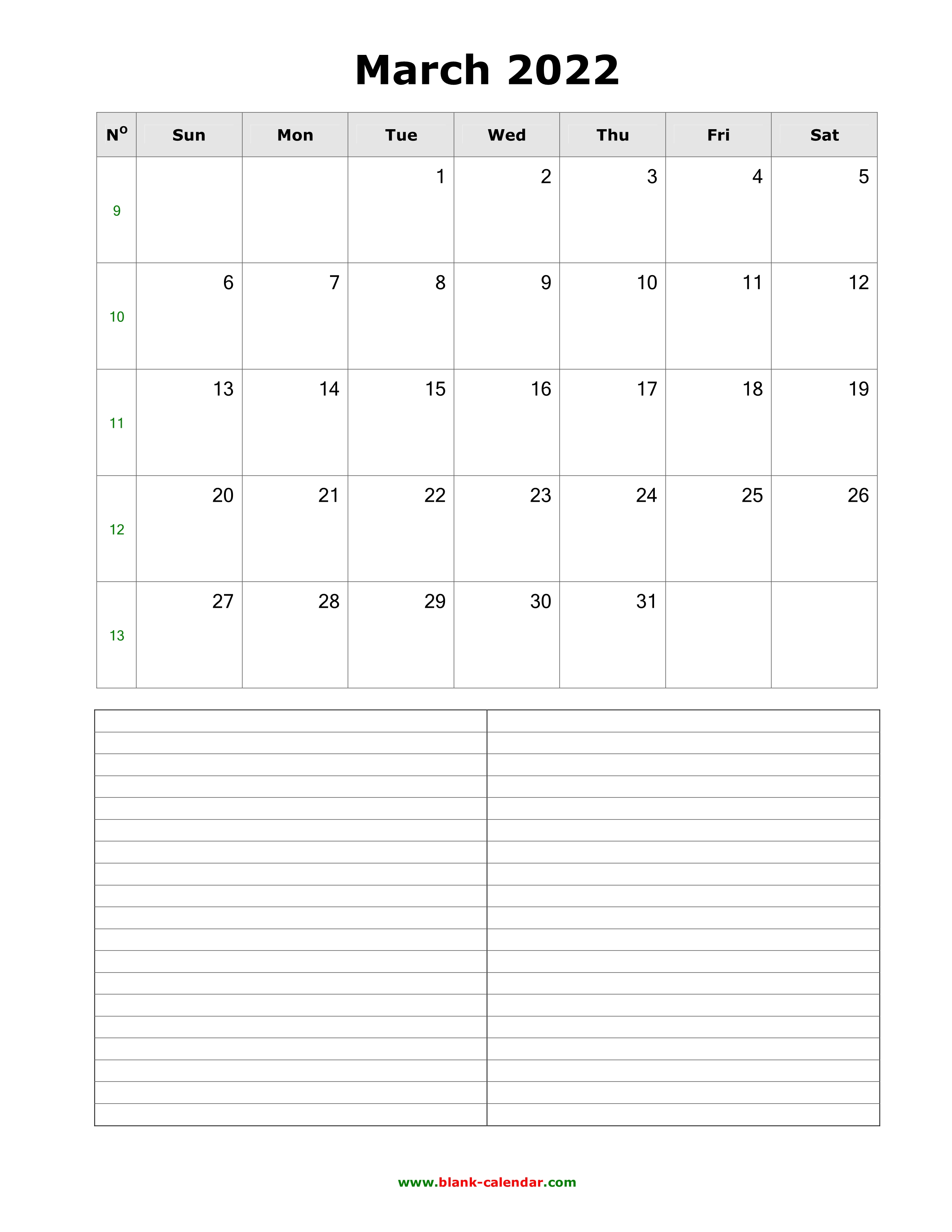 Download March 2022 Blank Calendar With Space For Notes (Vertical)