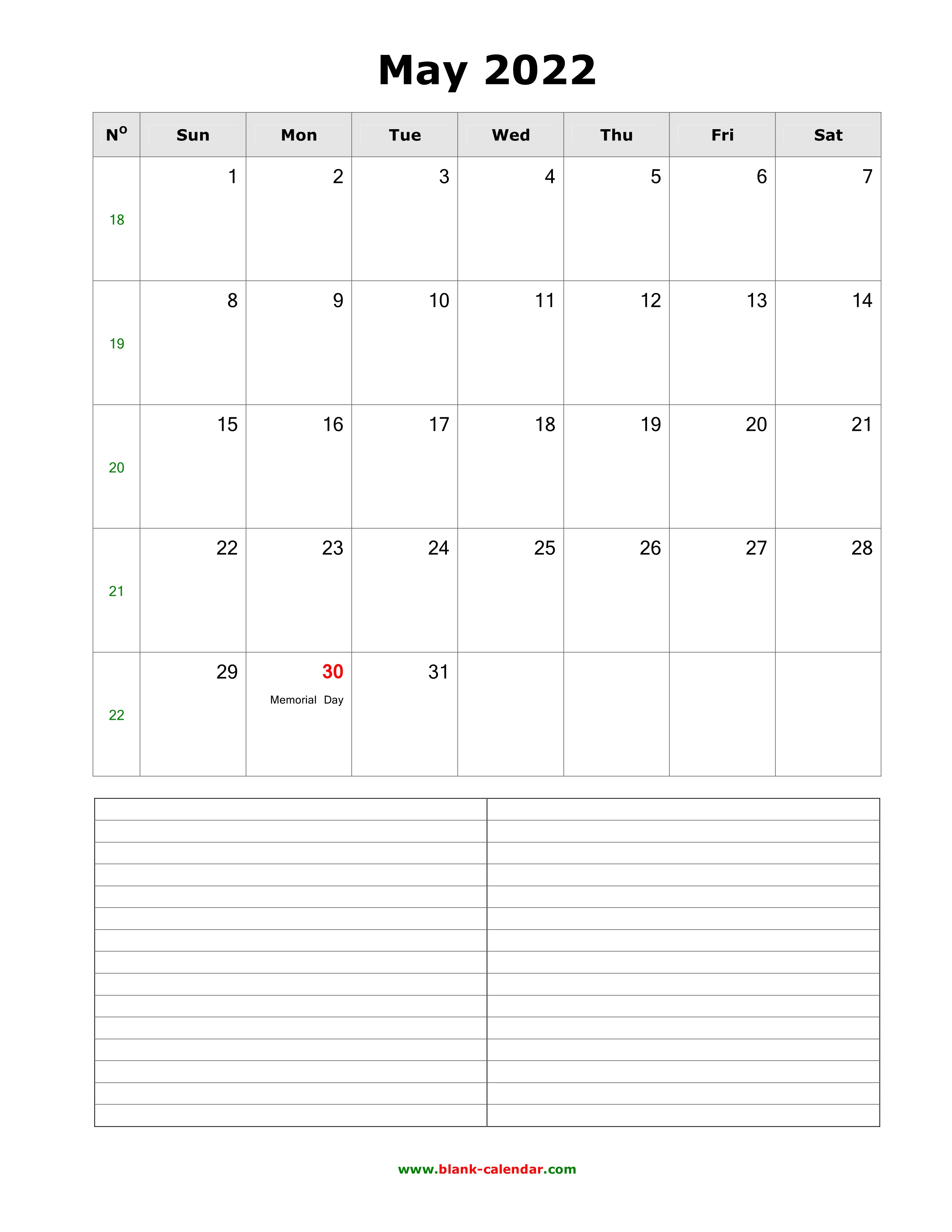 Download May 2022 Blank Calendar With Space For Notes Vertical