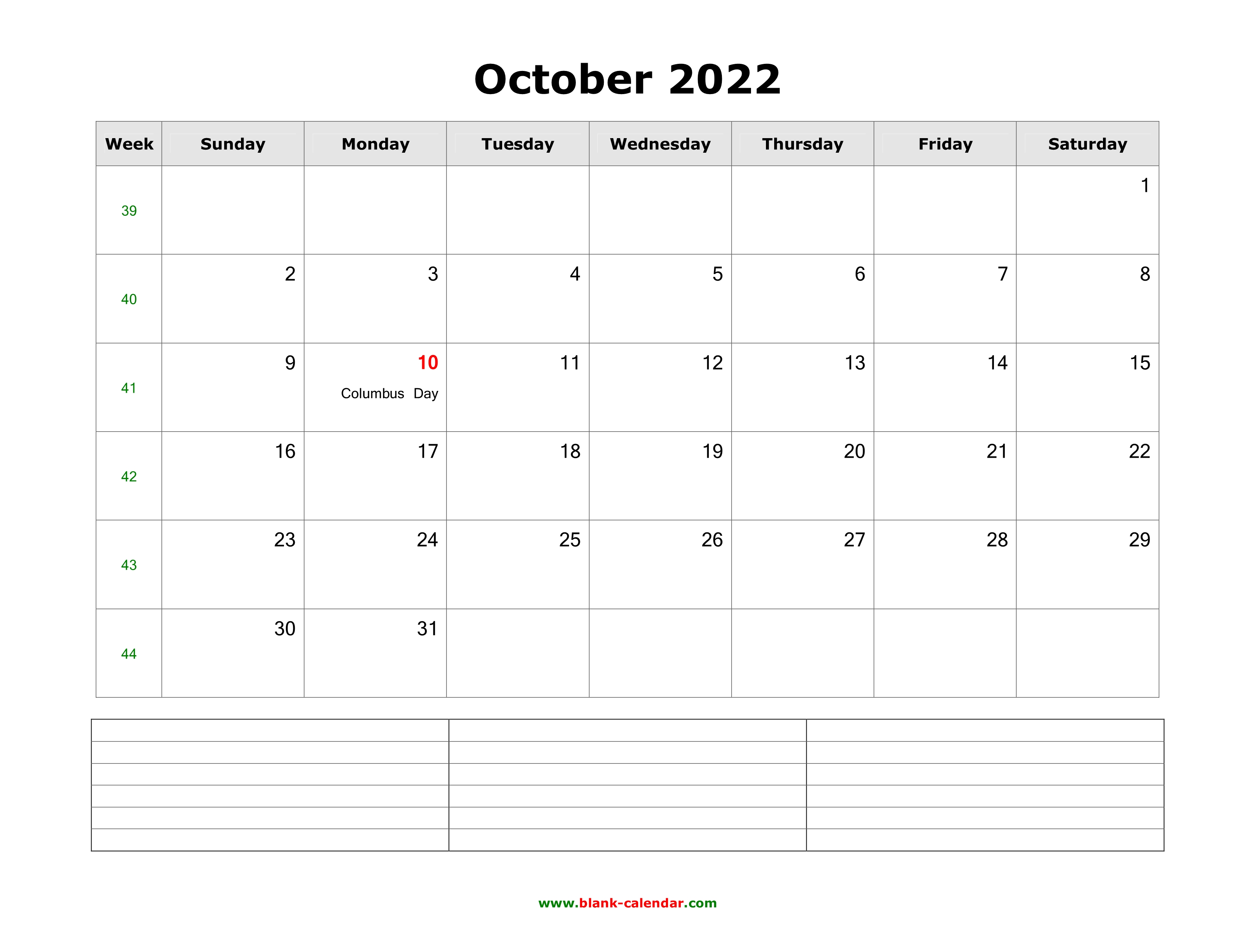 October 2022 Calendar Printable Landscape