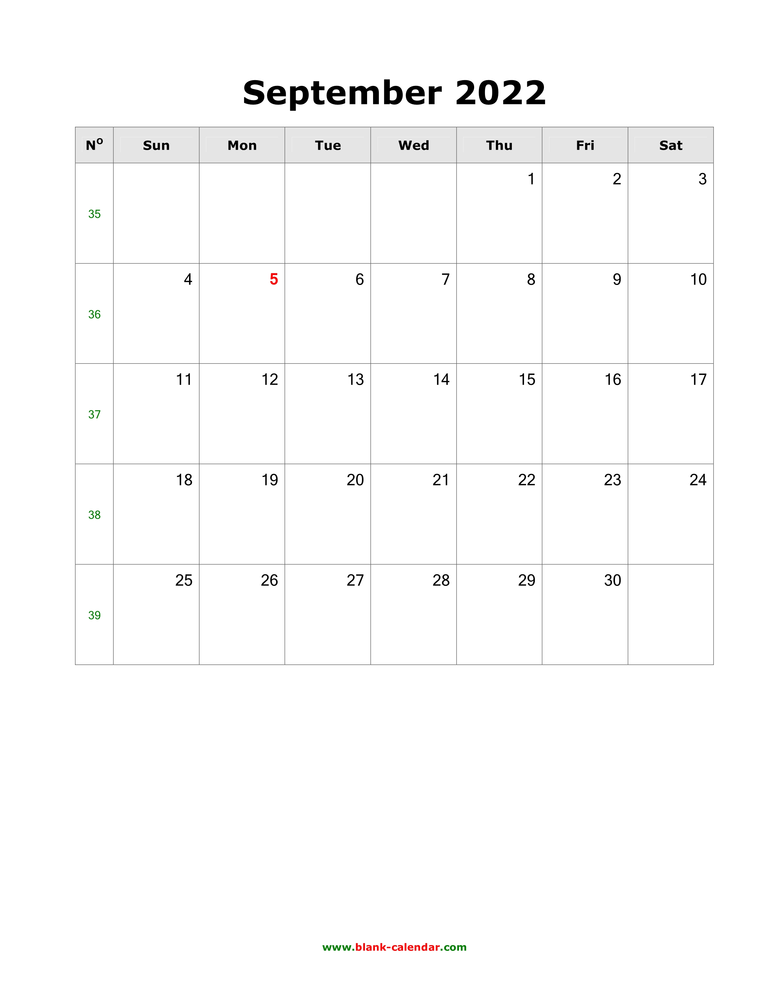 Download September 2022 Blank Calendar (Vertical)
