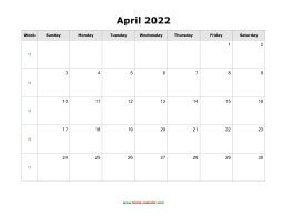 April 2022 Blank Calendar with US Holidays (horizontal)
