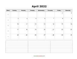 April 2022 Blank Calendar (horizontal, space for notes)