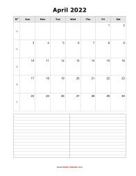April 2022 Blank Calendar (vertical, space for notes)