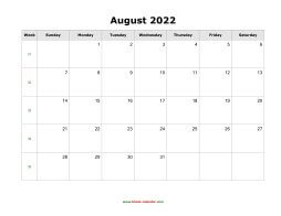 August 2022 Blank Calendar with US Holidays (horizontal)