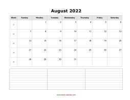 August 2022 Blank Calendar (horizontal, space for notes)