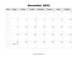 blank december holidays calendar 2022 landscape