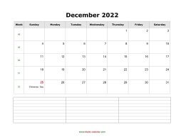 December 2022 Blank Calendar (horizontal, space for notes)