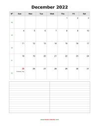 December 2022 Blank Calendar (vertical, space for notes)