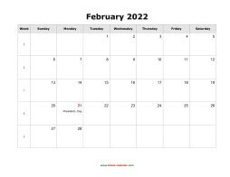 blank february holidays calendar 2022 landscape