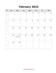 February 2022 Blank Calendar (US Holidays, vertical)