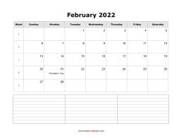 February 2022 Blank Calendar (horizontal, space for notes)