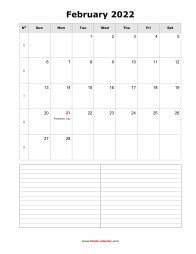 February 2022 Blank Calendar (vertical, space for notes)
