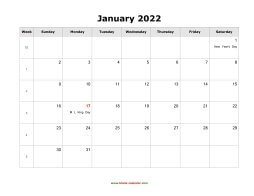blank january holidays calendar 2022 landscape