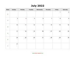 July 2022 Blank Calendar (horizontal)