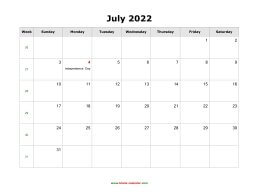 July 2022 Blank Calendar with US Holidays (horizontal)