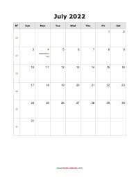 July 2022 Blank Calendar (US Holidays, vertical)