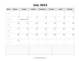 July 2022 Blank Calendar (horizontal, space for notes)