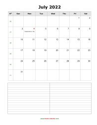 July 2022 Blank Calendar (vertical, space for notes)