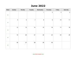 June 2022 Blank Calendar (horizontal)