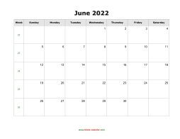 blank june holidays calendar 2022 landscape