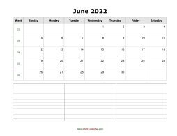 blank june calendar 2022 with notes landscape