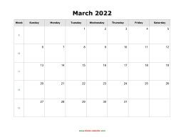 blank march holidays calendar 2022 landscape