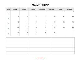 March 2022 Blank Calendar (horizontal, space for notes)