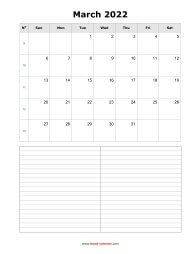March 2022 Blank Calendar (vertical, space for notes)