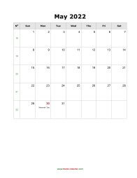 May 2022 Blank Calendar (US Holidays, vertical)