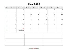 May 2022 Blank Calendar (horizontal, space for notes)