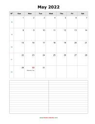 May 2022 Blank Calendar (vertical, space for notes)