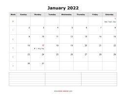 blank monthly calendar 2022 with notes landscape