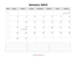 blank monthly calendar 2022 with notes landscape