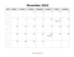 November 2022 Blank Calendar with US Holidays (horizontal)