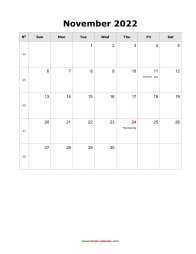 November 2022 Blank Calendar (US Holidays, vertical)