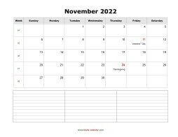 blank november calendar 2022 with notes landscape