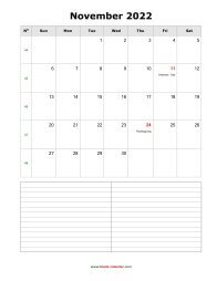 November 2022 Blank Calendar (vertical, space for notes)