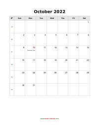 October 2022 Blank Calendar (US Holidays, vertical)