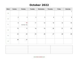 October 2022 Blank Calendar (horizontal, space for notes)