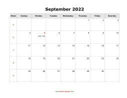 September 2022 Blank Calendar with US Holidays (horizontal)