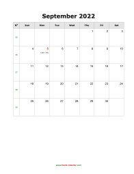 blank september holidays calendar 2022 portrait