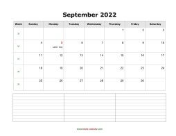 September 2022 Blank Calendar (horizontal, space for notes)