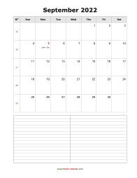 September 2022 Blank Calendar (vertical, space for notes)