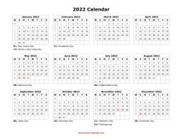 Blank Calendar 2022 (US Holidays, one page, horizontal)