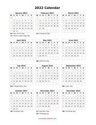 Blank Calendar 2022 (US Holidays, one page, vertical)