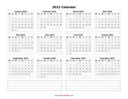 Blank Calendar 2022 (one page, horizontal, space for notes)